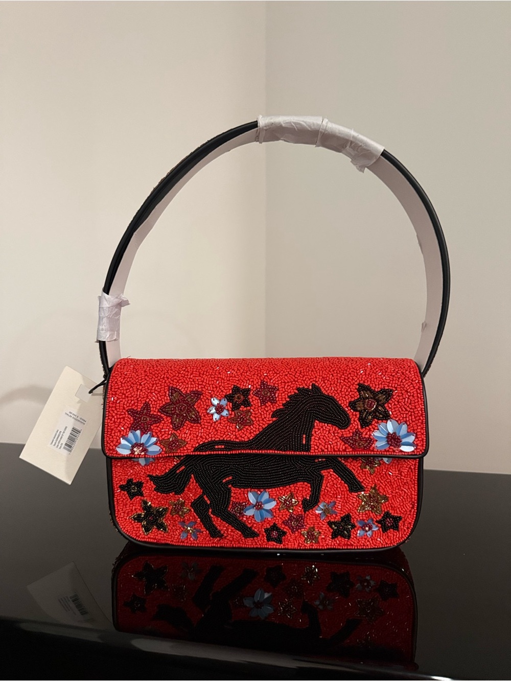 Staud Tommy Red Floral Horse Beaded Shoulder Bag limited Run - Picture 3 of 11